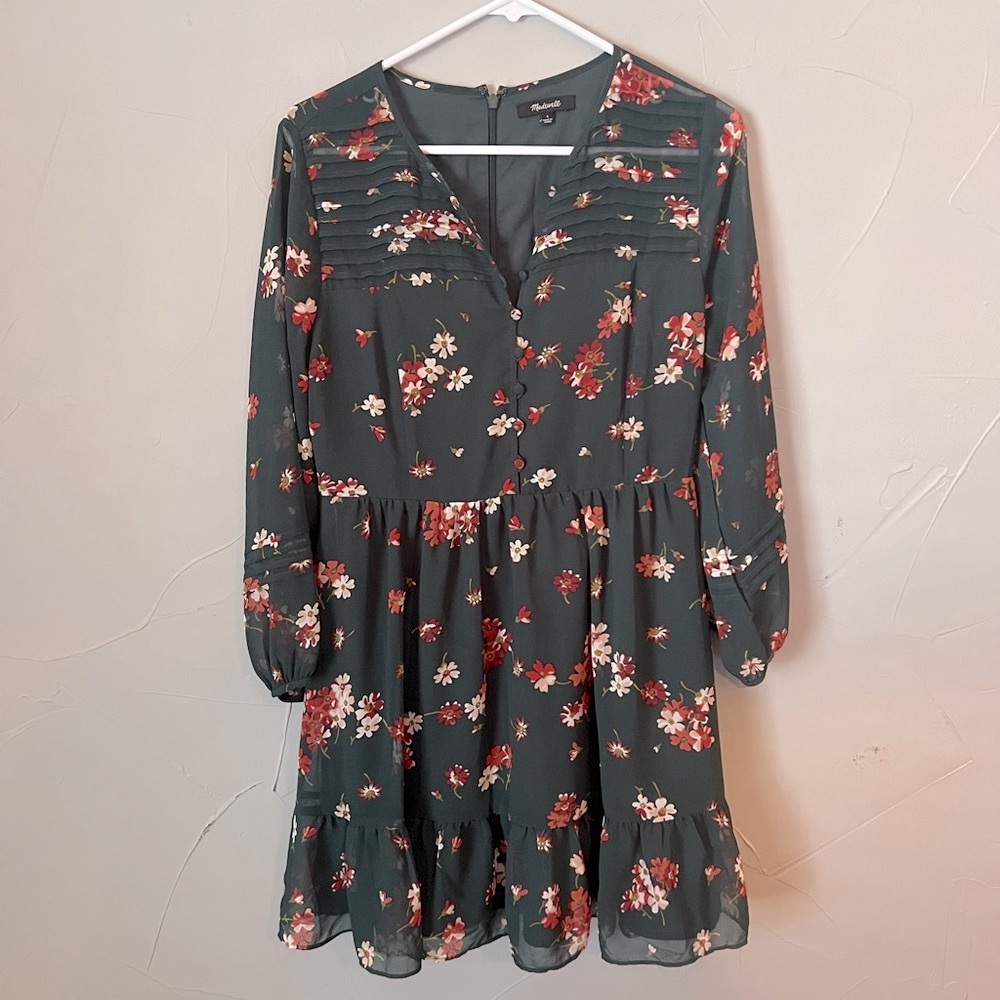 Madewell Sheer-Sleeve Pintuck Ruffle Dress in Spruce Blooms